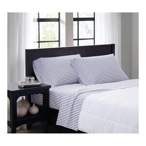 TRULY SOFT Full Sheet Set Navy Pinstripe Microfiber 4-Piece, Oeko-TEX Certified